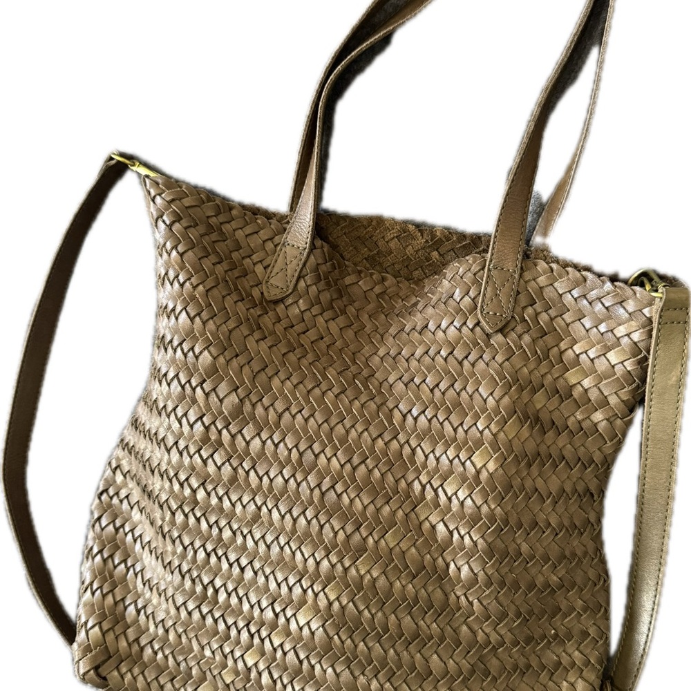 Madewell Leather Tan and Green Woven Tote Bag